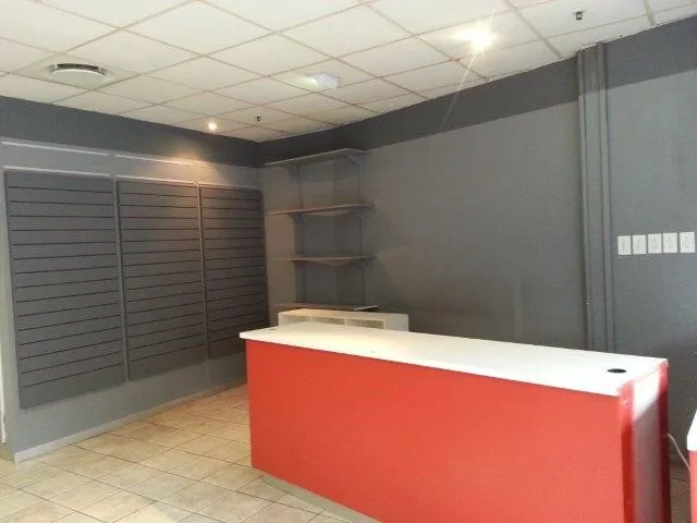 An empty shop with a service counter and wall shelving